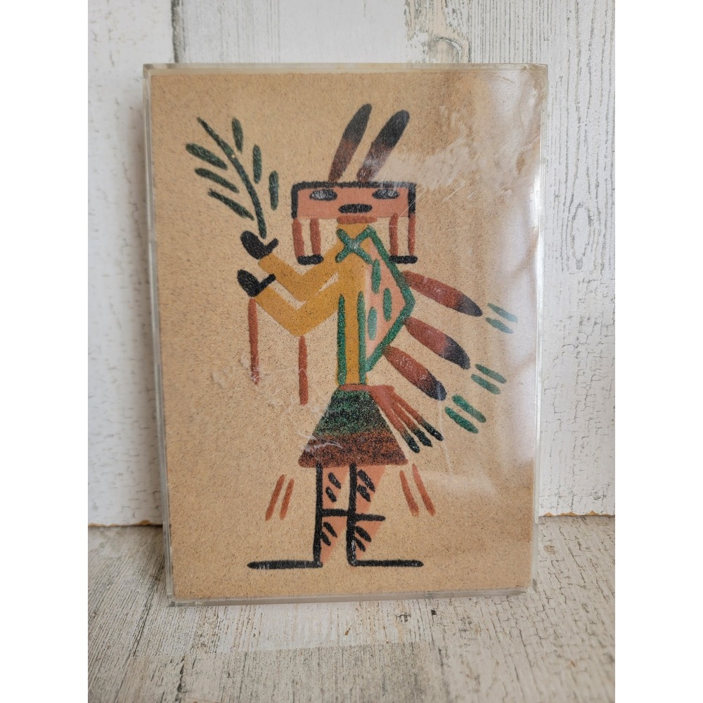 Vintage Navajo sand painting hunched back people signed art home decor